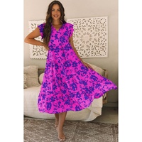 Rose Floral Print Tiered Frilled Trim Flutter Sleeve Maxi Dress - S thumbnail