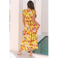 Yellow Cheetah Plant Print Shirred Button V Neck Maxi Dress - L thumbnail