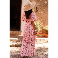 Pink Abstract Printed Flutter Sleeve Daring Cutout Long Dress - L thumbnail