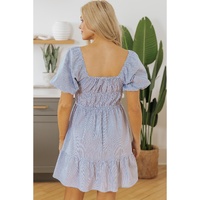 Sky Blue Stripe Bubble Sleeve Square Neck Ruched Pocketed Babydoll Dress - M thumbnail