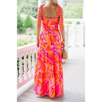 Red Abstract Print Knotted Shoulder High Waist Maxi Dress - M thumbnail