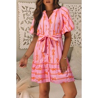 Pink Bowknot Striped Printed Bubble Sleeve Buttoned Belted Mini Dress - L thumbnail