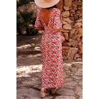 Red Floral Half Sleeve Deep V Neck Cutout Back Split Maxi Dress - L thumbnail