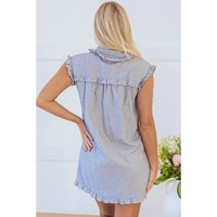 Blue Stripe Frilled Sleeveless Collar Front Pocket Button Up Mini Dress - L thumbnail