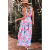 Sky Blue Floral Printed Sleeveless O Neck Knot Waist Maxi Dress - XL thumbnail