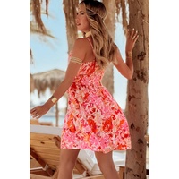 Red Floral Spaghetti Strap Surplice Neck Shirred Waist Mini Dress - L thumbnail