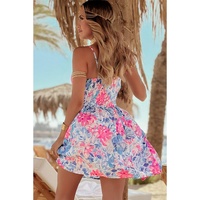 Sky Blue Floral Spaghetti Strap Surplice Neck Shirred Waist Mini Dress - L thumbnail