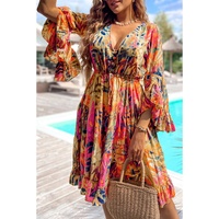 Pink Plant Print Flared Sleeve Ruffled Hem Tunic High Waist Flowy Dress - L thumbnail