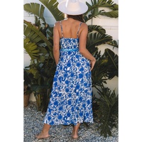 Blue Floral Printed Spaghetti Strap Maxi Dress with Waist Tie - L thumbnail