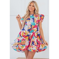 Pink Abstract Printed Ruffled Flutter Sleeve Tiered Mini Dress - L thumbnail