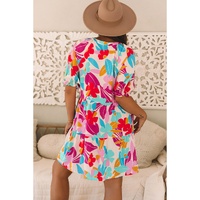 Rose Red Floral Bubble Sleeve V Neck Tiered Ruffle Babydoll Dress - XL thumbnail