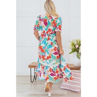 Rose Red Floral Knot Puff Sleeve V Neck Buttoned Front Split Lace Maxi Dress - XL thumbnail