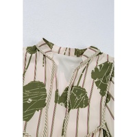 Guacamole Green Floral Striped Print Contrast Piping Puff Sleeve Dress - L thumbnail