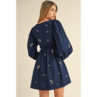 Blue Floral Embroidered Square Neck Puff Sleeve Ruffled Mini Dress - L thumbnail