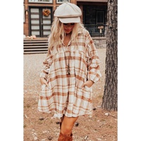 Brown Plaid Print Side Pockets Frilled Babydoll Mini Dress - L thumbnail