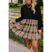 Black Plaid Patchwork High Waist Sweatshirt Mini Dress - S thumbnail