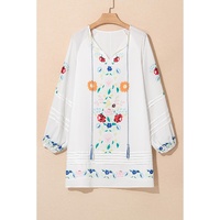 White Floral Print Boho Tassel Tie Split Neck Tucking Detail Puff Sleeve Mini Dress - M thumbnail