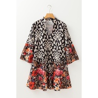 Black Retro Floral Mixed Print Split Neck A-line Dress - M thumbnail