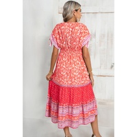 Red Floral Print Tasseled Tied Sleeve Empire Waist Maxi Dress - L thumbnail