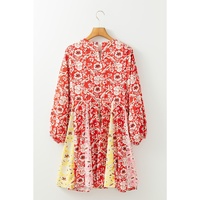 Red Colorful Floral Patchwork Long Sleeve Pleated Mini Dress - L thumbnail