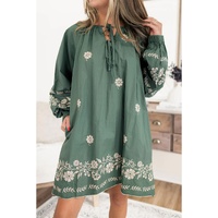 Mist Green Tie Neck Boho Floral Pattern Puff Sleeve Shift Dress - M thumbnail