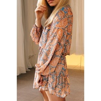 Orange Paisley Print Loose Fit Drawstring High Waist Mini Dress - L thumbnail