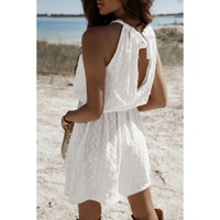White Lace Sleeveless Knot Hollow Out Back Tied Waist Mini Dress - M thumbnail