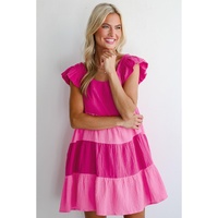 Pink Crinkled Colorblock Patchwork Flutter Tiered Mini Dress - L thumbnail