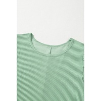 Mint Green Corded Knit Crew Neck Puff Sleeve Shift Mini Dress - L thumbnail