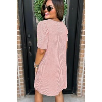 Blossom Corded Knit Crew Neck Puff Sleeve Shift Mini Dress - L thumbnail