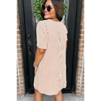 Parchment Corded Knit Crew Neck Puff Sleeve Shift Mini Dress - L thumbnail