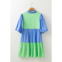 Dark Blue Colorblock Frilled V Neck Puff Half Sleeve Shift Dress - M thumbnail