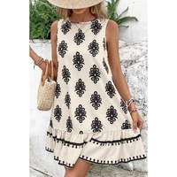 Beige Geometric Printed Sleeveless Hollowed Bowknot Back Mini Dress - L thumbnail