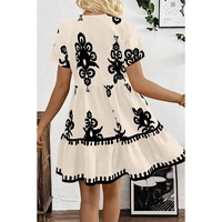 Black Vintage Print V Neck High Waist Short Sleeve Dress - S thumbnail
