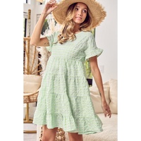 Green Stripe Textured Tiered Short Sleeve Loose Mini Dress - S thumbnail