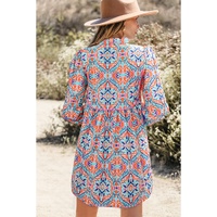 Sky Blue Abstract Printed Long Sleeve Tied Neckline Mini Dress - L thumbnail