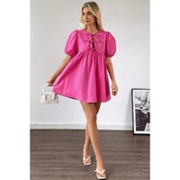 Bright Pink Solid Color Puff Sleeve Tie Front High Waist Mini Dress - S thumbnail
