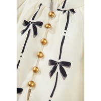 Beige Cute Bowknot Printed Bubble Sleeve V Neck Mini Dress - L thumbnail