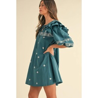 Skobeloff Boho Floral Ruffle Puff Sleeve Lace-up V Neck Mini Dress - M thumbnail