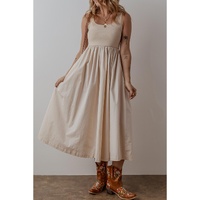 Beige Scoop Neck Ribbed Bodice Pleated Sleeveless Long Dress - M thumbnail