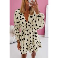 Beige Polka Dot Printed Surplice V Neck Puff Sleeve Mini Dress - M thumbnail