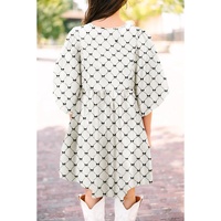 White Bowtie Pattern Textured Puff Half Sleeve Loose Mini Dress - M thumbnail