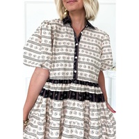 Black Boho Floral Striped Contrast Trim Bubble Sleeve Flared Dress - L thumbnail
