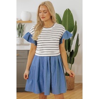 Black Stripe Ruffle Denim Patchwork Round Neck Mini Dress - L thumbnail