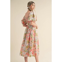 Apricot Pink Floral Smocked Bust Bubble Short Sleeve Maxi Dress - L thumbnail