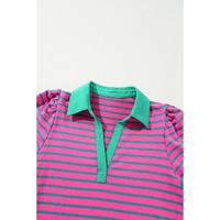 Azura Exchange Pink Stripe Collared V Neck Puff Sleeve T Shirt Dress - L thumbnail