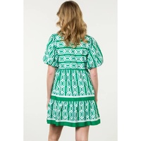 Bright Green Abstract Patterned V Neck Puff Short Sleeve Mini Dress - M thumbnail