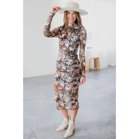 Brown Floral Allover Print Mock Neck Bodycon Long Sleeve Midi Dress - L thumbnail