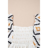 Beige Western Aztec Print Pleated Square Neck Loose Mini Dress - L thumbnail