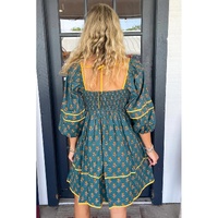 Skobeloff Floral Contrast Trim Square Neck Puff Sleeve Dress - L thumbnail